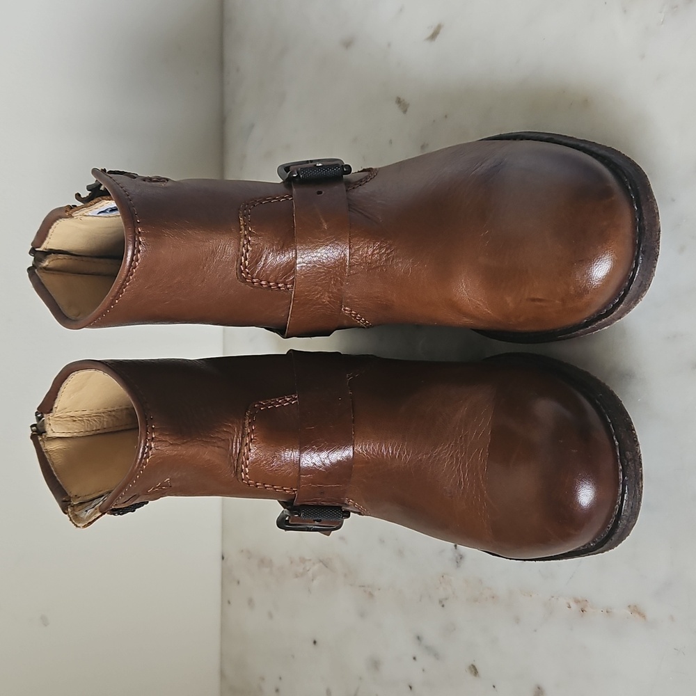Frye Tan Leather Buckle Moto Boots - Picture 2 of 9